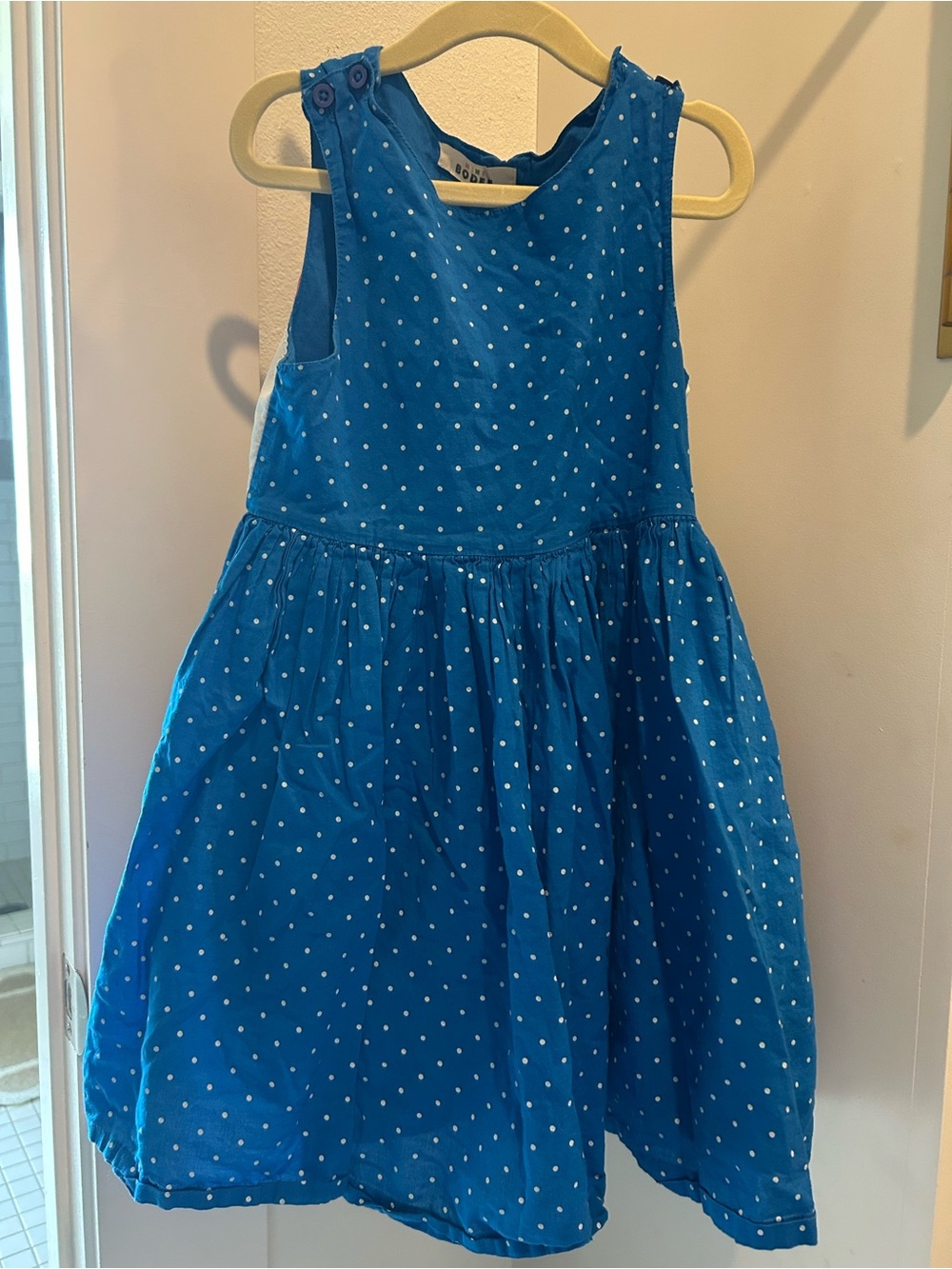 Mini Boden Kids' Dot Print Embellished Cutout Cotton Dress in Blue with Rainbow - Picture 2 of 8